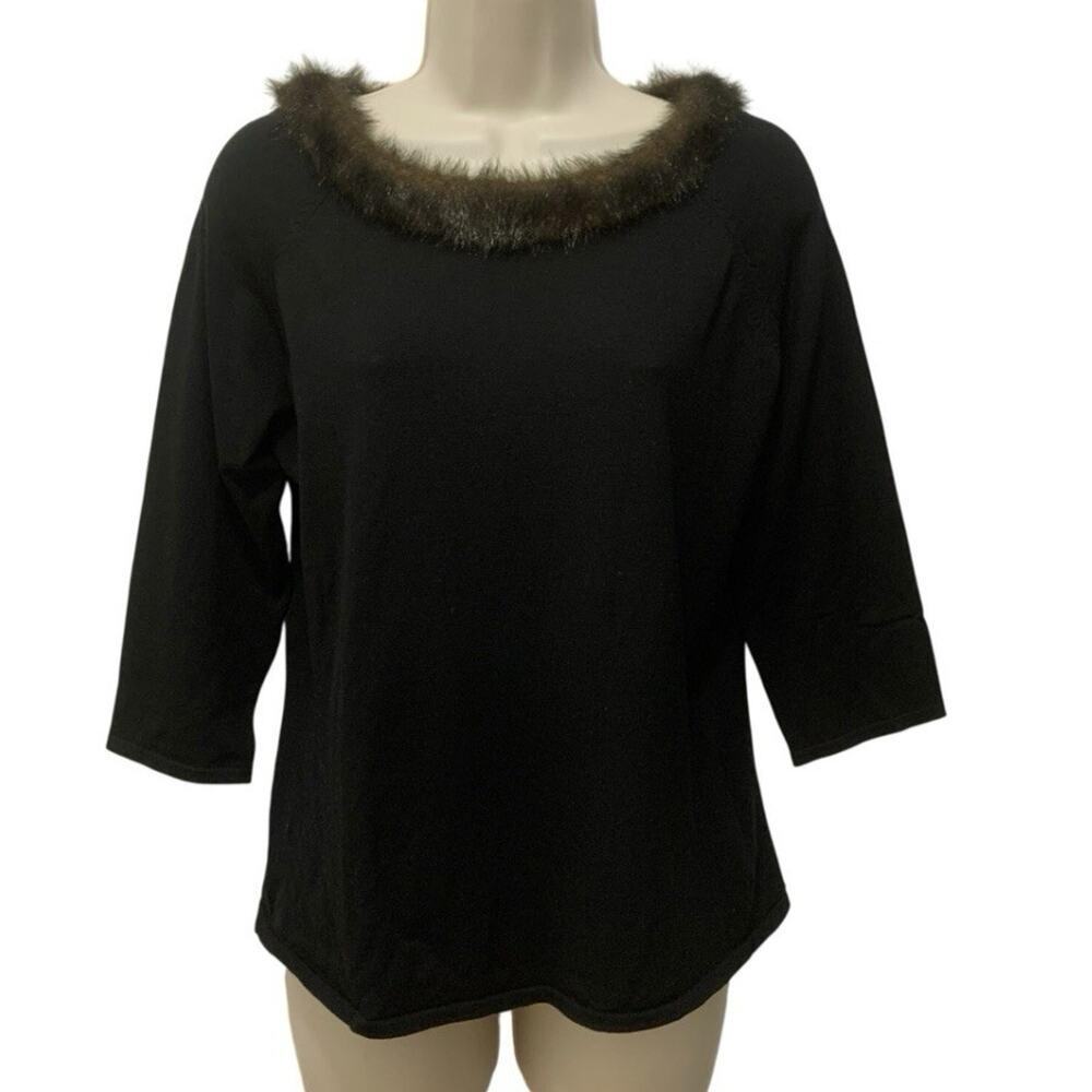 Vintage SILX August Silk Black Silk Knit Top Faux Fur Trim NWT Y2K Large